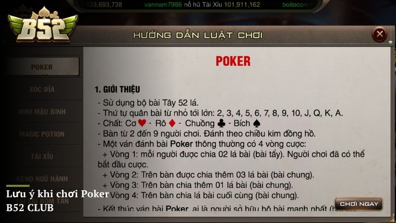 Lưu ý khi chơi Poker B52 CLUB